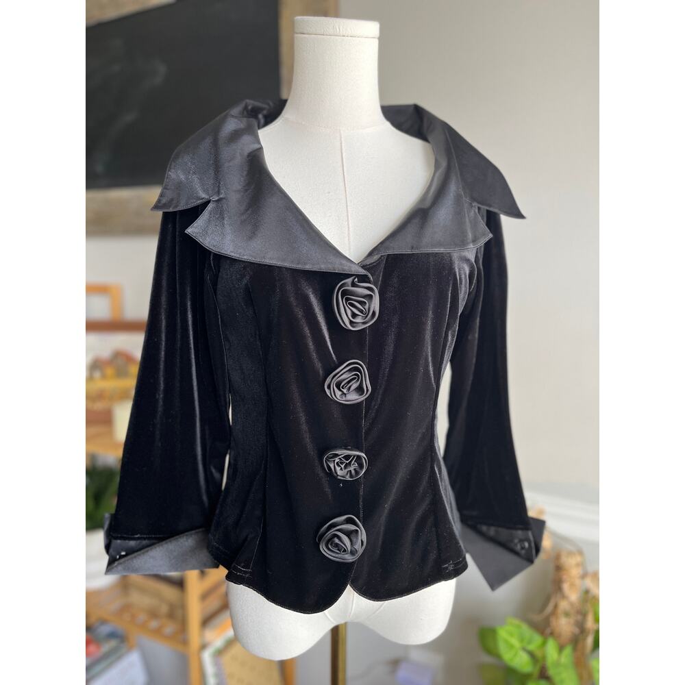 Vintage 90s Black Velvet Blouse Collared Rose Buttons Glam Size Medium